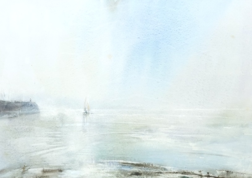 Leslie Worth (1923-2009), SVPRWS, ‘Low tide at Lyme Regis’, signed, watercolour, gallery label verso, 32 x 45cm